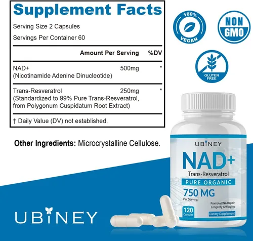 Vista 2 de NAD+ 750mg con Trans-Resveratrol – Suplemento de dinucleótido de adenina de nicotinamida orgánica pura – Reparación de ADN, energía celular, apoyo