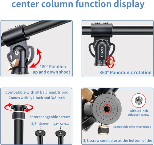 Vista 4 de Brazo de extensión de trípode de aluminio de 41 pulgadas, brazo de columna central horizontal retráctil con scerws de 1/4 pulgadas y 3/8 pulgadas