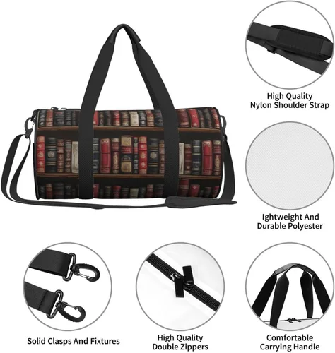 Vista 4 de Large Duffle Bag for Travel - Retro Books Print Gym Bag for Women Men, Travel Foldable Bags for Women Men with Zippered Multiple Pockets