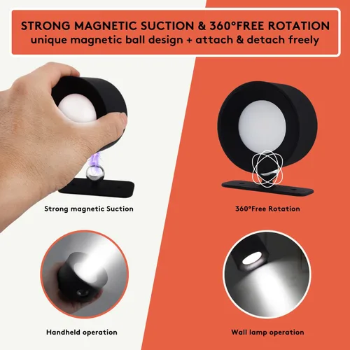 Vista 4 de Apliques de pared LED, lámpara de pared recargable con 3 temperaturas de color y 3 brillos de bola magnética de 360°, para dormitorio, pasillo