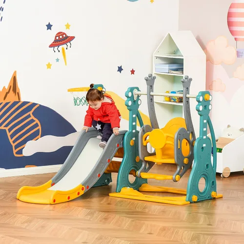 Vista 2 de Qaba Juego de columpio y tobogán 4 en 1 para niños de 1.5 a 3 años con escalador, ultra seguridad, aro de baloncesto, juego de parque infantil
