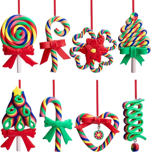 Vista 8 de codree 8 piezas Adornos colgantes de piruleta de Navidad - Adornos de caramelo para árbol de Navidad - Adorno de arcilla polimérica de caramelo