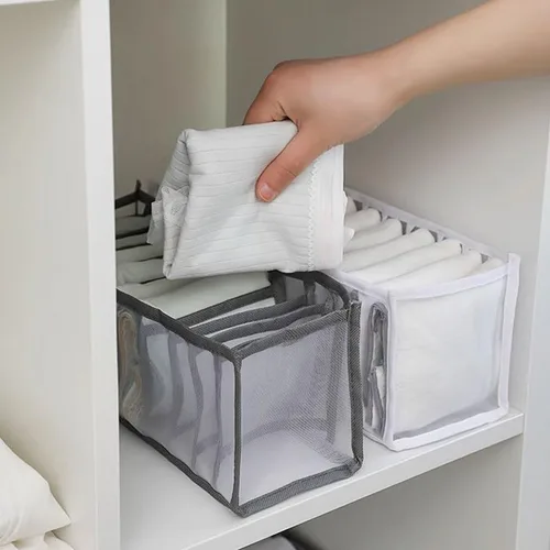 Vista 7 de Divisores organizadores de cajones de calcetines, organizadores plegables de 11 celdas para cajones, caja organizadora de ropa de malla para Blanco
