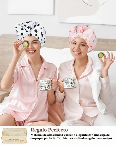 Vista 5 de 2 piezas de gorras de ducha para mujer, gorras de ducha reutilizables impermeables para el cabello con moño ajustable, lujosa gorra de baño para Rosa