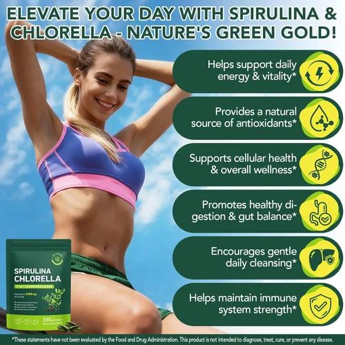 Vista 4 de Cápsulas de Clorella de Espirulina Orgánica,Suplemento sin OMG y sin gluten,300 cápsulas blandas