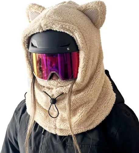 Vista 2 de Máscara de esquí con capucha de animal lindo pasamontañas calentador de cara con orejas de oso unisex para hombres, mujeres y niños, ideal
