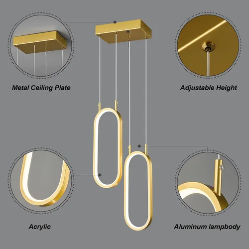 Vista 5 de Lámpara colgante de cocina moderna con 2 anillos, lámpara colgante ovalada para cocina, isla, dormitorio, sala de estar, comedor