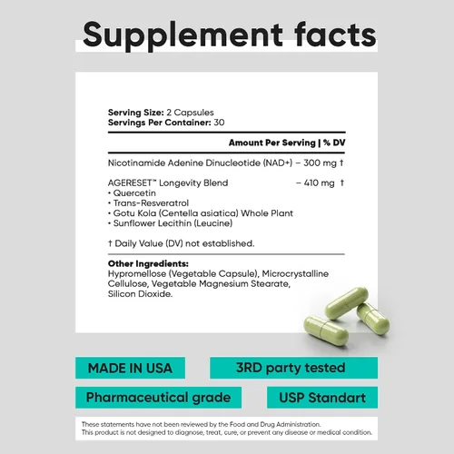 Vista 7 de AGERESET NAD Suplemento NMN Alternativo Liposomal + Gotu Kola para Mujeres y Hombres con Resveratrol, Quercetina, Gotu Kola