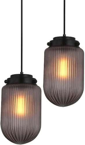Vista 2 de 2 Pack Modern Smoke Gray Pendant Lights, Nordic Cylindrical Striped Glass Shade Ceiling Hanging Lighting, Adjustable Height E27/E26 Sockets