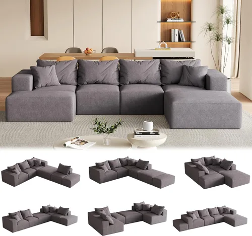 Vista 10 de Sofá de nube de gran tamaño de 132 pulgadas, sofá modular tapizado con 6 almohadas, sofás de felpilla de asiento profundo para sala de estar Negro