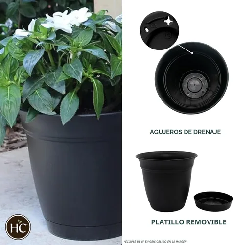 Vista 2 de The HC Companies Eclipse Maceta redonda de 6 pulgadas, con platillo, maceta para interiores y exteriores, para flores, verduras y hierbas, negro