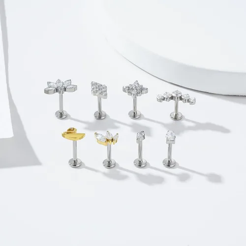 Vista 3 de ENONTY 1 pieza de 16G G23 titanio sin rosca Labret Stud Push In Bling CZ Labret Cluster Labret Tragus Helix Conch Lobe Rook Cartiltilago Push Back
