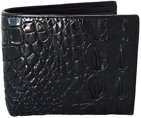 Vista 4 de Auténtico M piel de cocodrilo para hombre Bifold Backbone cuero negro cartera