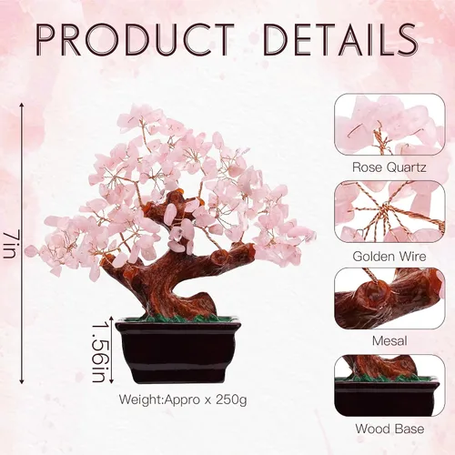 Vista 3 de Parma77 Feng Shui - Árbol de dinero de cristal de cuarzo rosa natural, árboles de cristal curativo, decoración estilo bonsái para riqueza y suerte