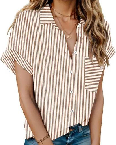 Vista 11 de HOTOUCH Camisas de Lino para Mujer con Botones Blusas de Manga Corta de Algodón Cuello en V con Cuello Tops de Gasa con Botones S-3XL