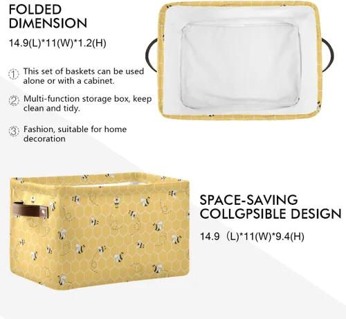 Vista 2 de Cesta de almacenamiento en cubo amarillo con peine de abeja y miel, caja de almacenamiento plegable grande para juguetes, organizador de lavandería