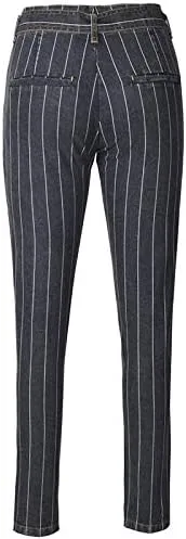 Vista 5 de Kabxryaclo - Pantalones vaqueros ajustados para mujer, con cinturón, rayas verticales, cintura baja, bolsillos vaqueros