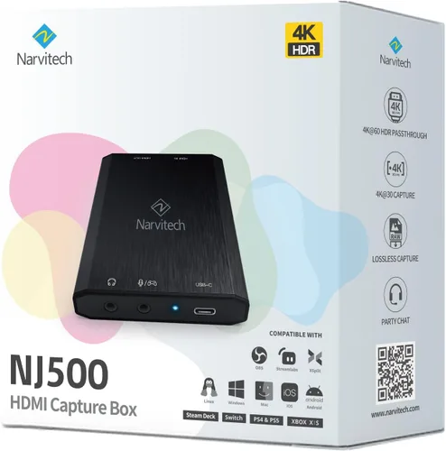 Vista 5 de Narvitech Tarjeta de captura HDMI NJ500 - 4K60 HDR, 2K144, 1080P240 Passthrough, grabación 4K30, latencia ultrabaja, para PS5, Xbox Series X S