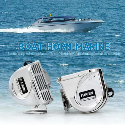 Vista 2 de FARBIN Bocina de 24 V para barcos, cuerno impermeable de acero inoxidable para barcos con soporte base para veleros, yates, automóviles