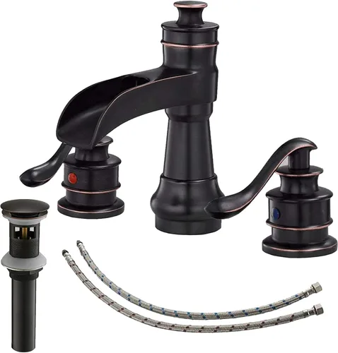 Vista 10 de Grifo de baño de níquel cepillado de 3 agujeros u 8 pulgadas, grifo de cascada de latón de 2 manijas para fregadero de baño, 3 agujeros montados