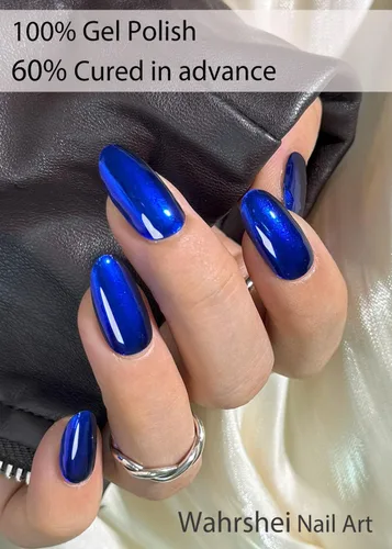 Vista 4 de Tiras adhesivas de uñas de gel semicuradas, 20 pegatinas adhesivas UV de color azul cromo, envolturas para manicura casera DIY