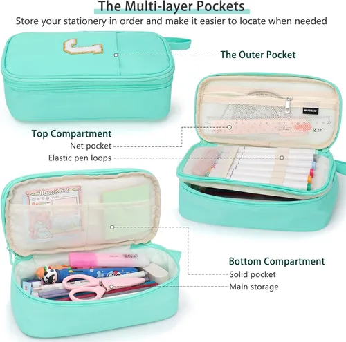 Vista 5 de Estuche Grande para Lápices, Bolsa de Lápices de Gran Capacidad, Bolsa de Lápices Personalizada con Inicial con Cremallera Suave, Múltiples