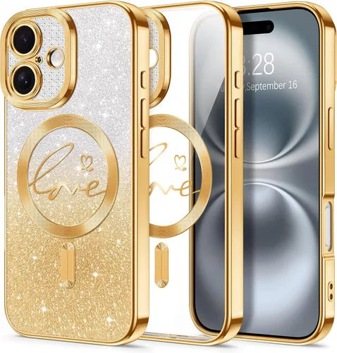 Vista 135 de Hython Funda para iPhone Air con purpurina, compatible con MagSafe Love Heart fundas magnéticas transparentes para teléfono para mujeres y niñas