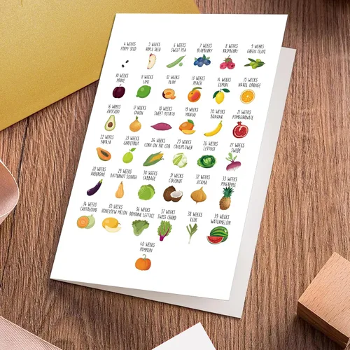Vista 4 de Divertida tarjeta de baby shower de frutas y verduras, tarjeta de felicitación de embarazo para pareja, nueva tarjeta de bebé para mamá, papá