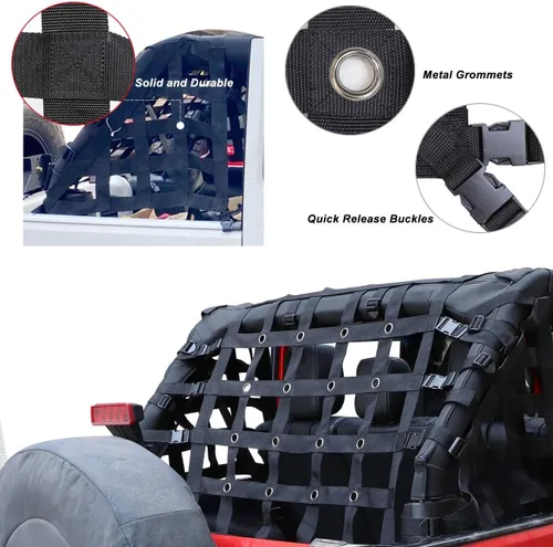 Vista 4 de MFC Red de retención de carga negra para senderos compatible con Jeep Wrangler JK 2007-2018 de 4 puertas
