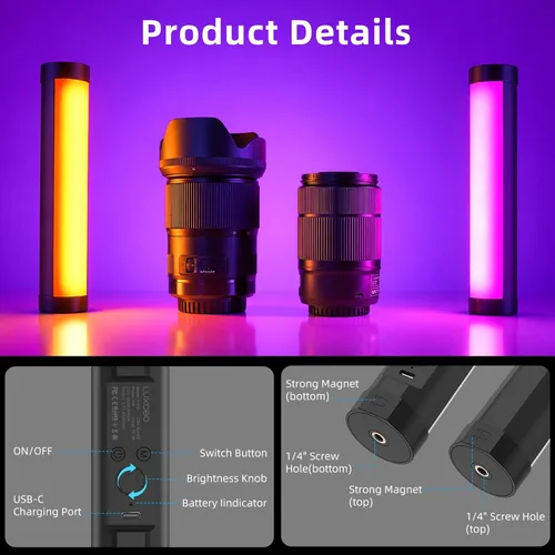 Vista 4 de LUXCEO Varita de luz LED RGB multicolor – Mini luz recargable de 2000 mAh para grabación de video, luces de tubo profesional con base magnética