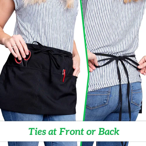 Vista 6 de GREEN LIFESTYLE Paquete de 3 delantales de servidor con 3 bolsillos - Delantal de cintura, delantal de camarera para mujeres y hombres, resistente