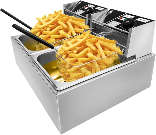 Vista 10 de Freidora eléctrica comercial EVGTTI, freidora eléctrica de 11.4QT con cesta Freidora de acero inoxidable de 2500 W con tapa, ajustable