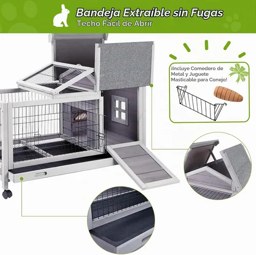 Vista 3 de Jaula de conejo para interiores con 4 ruedas, conejera de conejo, rejilla de alambre extraíble