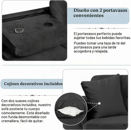 Vista 8 de P PURLOVE Sofá seccional con diván reversible y 2 almohadas (negro)