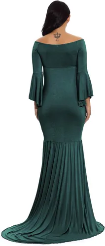 Vista 3 de ZIUMUDY Vestido de maternidad retro con hombros descubiertos y mangas acampanadas, vestido maxi de fotografía para baby shower