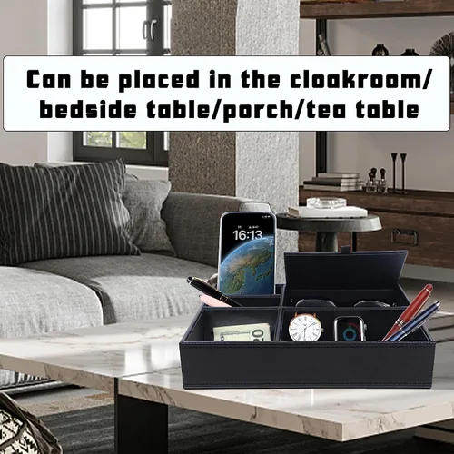 Vista 5 de Zcaukya Bandeja de valet para hombre, joyero, organizador de mesita de noche con 5 compartimentos para llaves de teléfono, cartera, reloj, gafas
