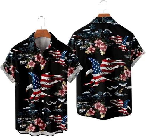 Vista 3 de HAPNBCELE Camisa hawaiana para hombre, estampado de bandera tropical americana, casual, manga corta, hawaiana con botones