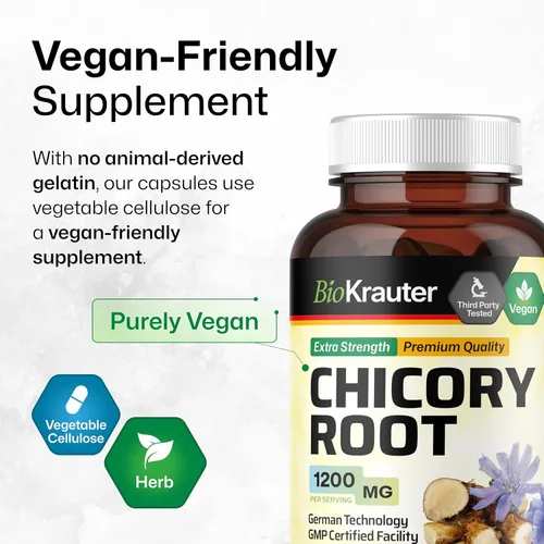 Vista 6 de BIO KRAUTER® Raíz de achicoria para apoyo intestinal y digestivo, prebióticos veganos puros y suplemento de fibra en cápsulas de 1200 mg por