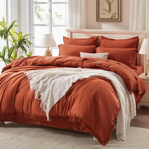 Vista 10 de Andency Juego de ropa de cama con edredón tamaño matrimonial beige con sábanas - 7 piezas, estilo bohemio con borlas, ropa de cama ligera en una 01