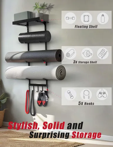 Vista 2 de Soporte de pared para esterilla de yoga, estante de almacenamiento de gimnasio en casa con estante flotante superior, 4 niveles para tapete de yoga