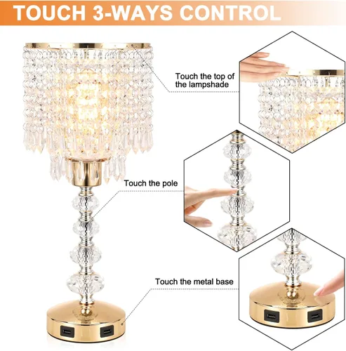 Vista 11 de Lámpara de mesa de cristal con control táctil, regulable de 3 vías, lámpara pequeña para mesita de noche con 2 puertos de carga USB, lámpara de mesa