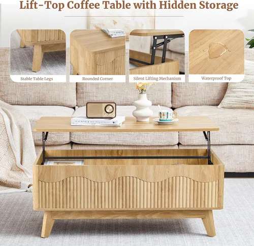 Vista 6 de BERRYMERRY Mesa de centro elevable con almacenamiento oculto, mesa de centro acanalada de granja con perfil ondulado, mesa central rectangular Roble