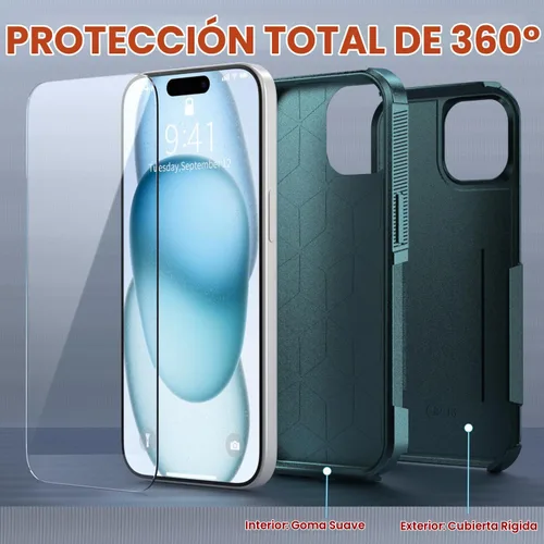 Vista 5 de Funda a prueba de golpes para iPhone 15, [protección contra caídas de grado militar de 15 pies], con 2 protectores de pantalla de vidrio templado