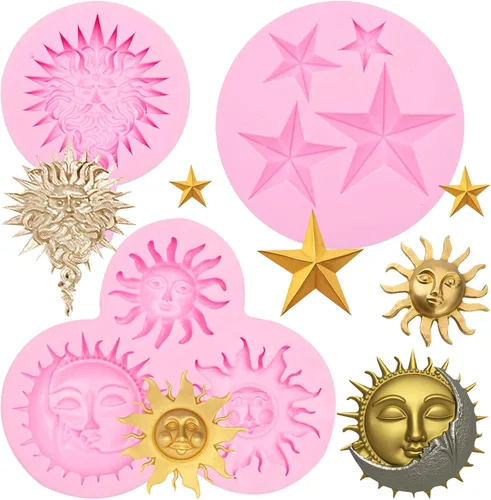 Vista 13 de Juego de moldes de silicona, formas de estrella de sol y luna, rosa, moldes para hornear dulces de chocolate, 5 piezas con temática celestial