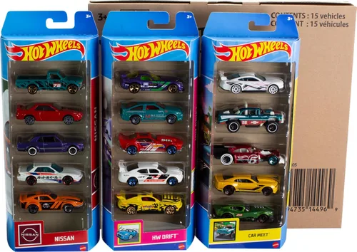 Vista 3 de Hot Wheels Paquete de 5 autos o camiones de juguete, 3 juegos temáticos de 5 vehículos fundidos a presión a escala 1:64 para niños y coleccionistas
