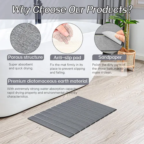 Vista 4 de Paquete de 1 tapete de baño plegable de piedra para baño, tapete de baño gris súper absorbente de tierra de diatomeas, alfombra de ducha