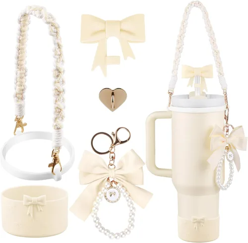 Vista 12 de Set de accesorios negros para vaso Stanley, correa para asa de botella de agua, funda de silicona, cubierta de pajita con lazo, dijes de perla, tapa