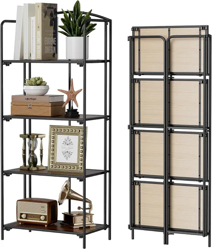 Vista 41 de Crofy - Estantería plegable sin montaje para sala de estar, estantería plegable de 2 niveles en color negro para oficina en casa, organizador