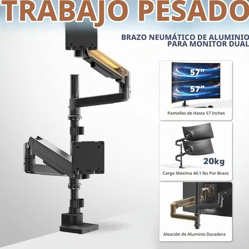Vista 2 de Brazo de monitor dual para pantallas ultraanchas de 17-57", resistente Negro