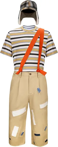 Vista 2 de Adults Costume Striped T-shirt Hat Straps Pants Outfit Halloween Cosplay Uniform Set